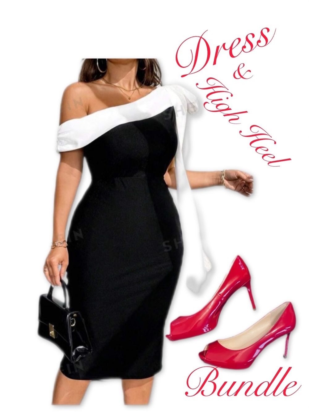 One-Shoulder Black Dress with White Accent & red Heels